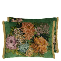 Fleurs D Artistes Velours Vintage Green Velvet Cushion