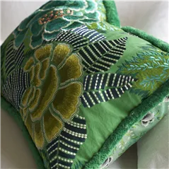 Rose De Damas Jade Embroidered Cotton Cushion